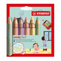 Pastelky Woody pastelové a strúhadlo 3in1 6ks